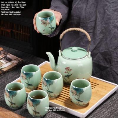 BỘ ẤM CHÉN MEN NGỌC HỌA TIẾT HOA SEN